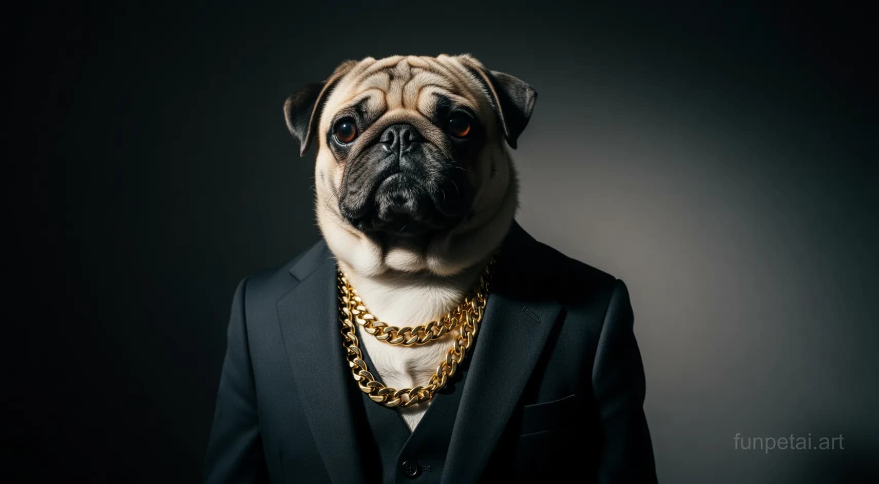 Pug in a dark suit with gold chain, cinematic noir lighting, cinematic AI pet portrait