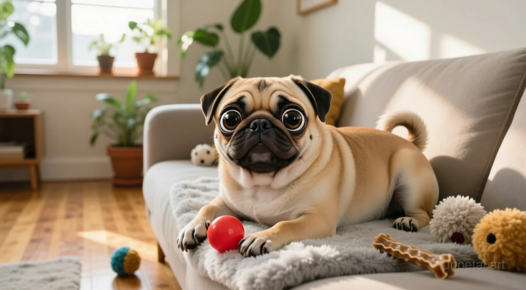 Pug with a tiny-face studio portrait look, cinematic AI pet portrait