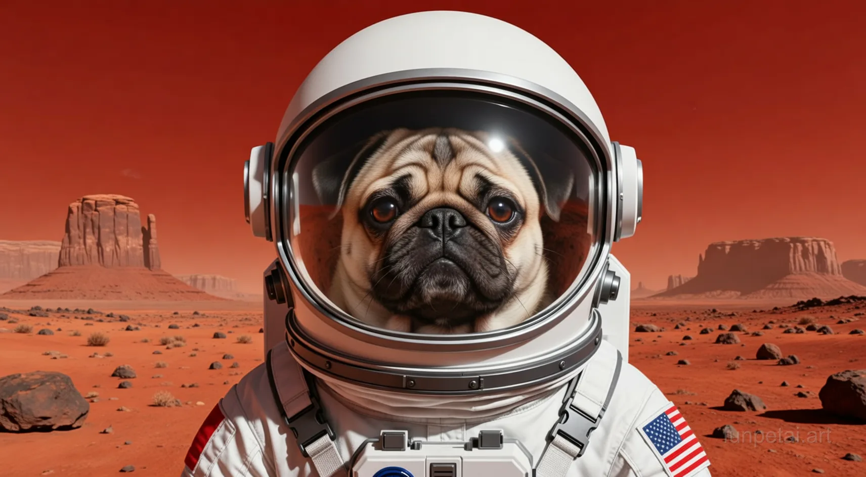 Pug wearing a space suit on Mars, red planet glow, cinematic AI pet portrait
