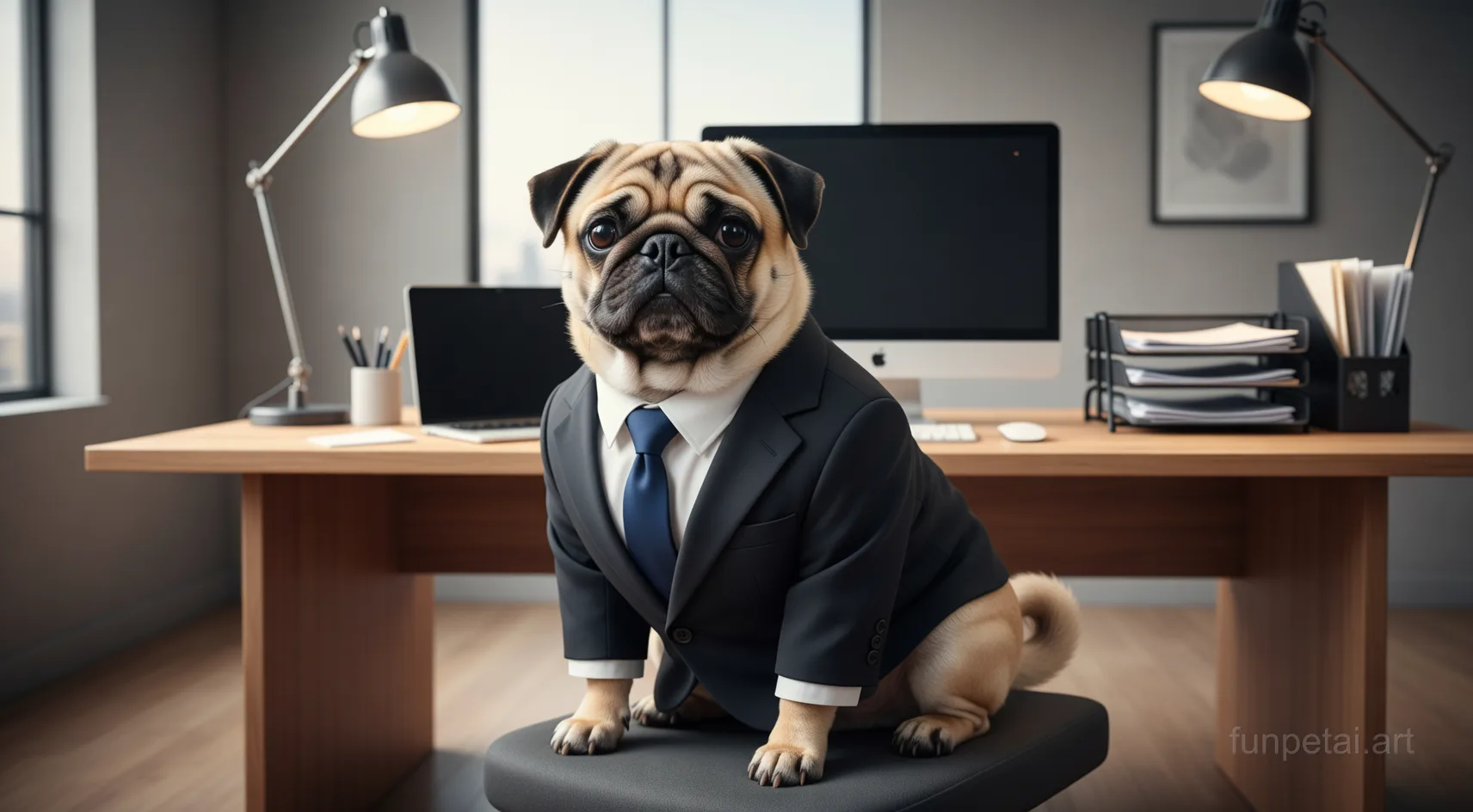 Pug in a tailored suit at a modern office desk, cinematic AI pet portrait