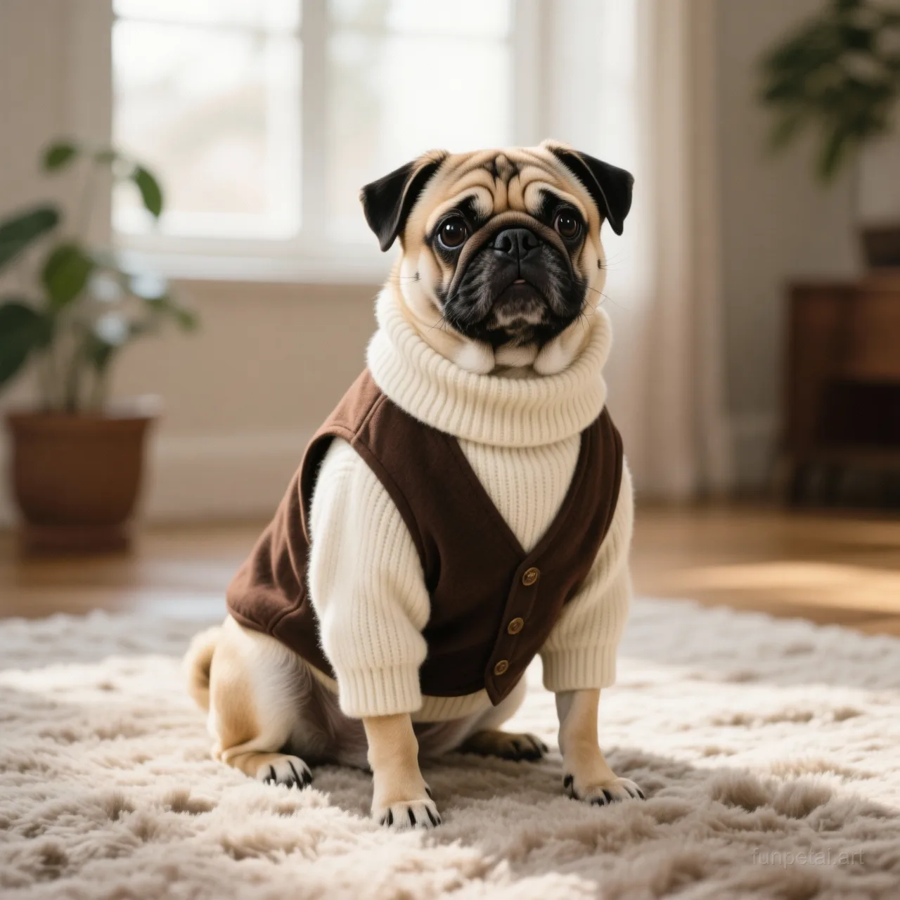 Pug in an old money portrait with cashmere texture, cinematic AI pet portrait