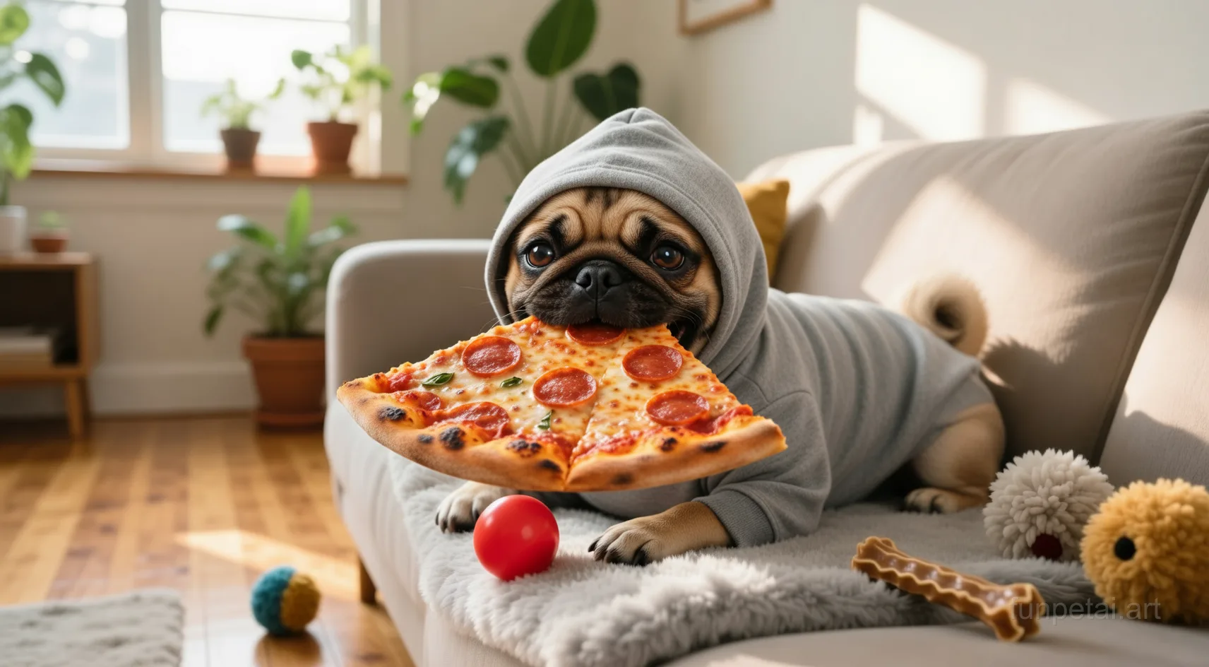 Pug stealing a pizza slice with a playful expression, cinematic AI pet portrait