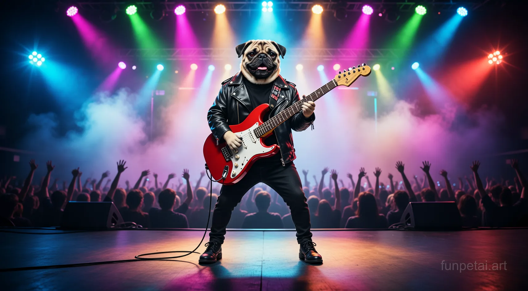 Pug on stage with an electric guitar and concert lights, cinematic AI pet portrait