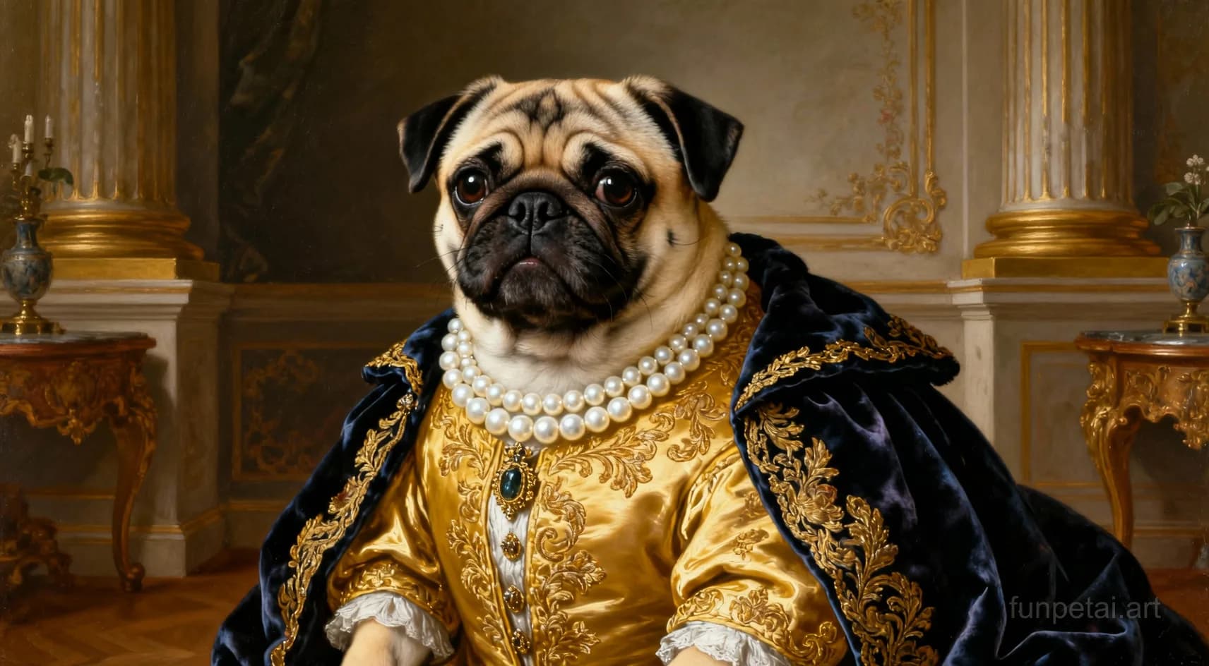Pug in a royal portrait with ornate outfit, classic oil texture, cinematic AI pet portrait