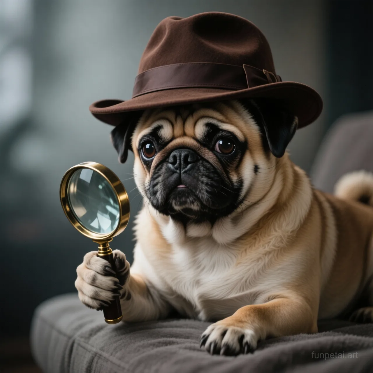Pug as a detective with a deerstalker hat and magnifier, cinematic AI pet portrait