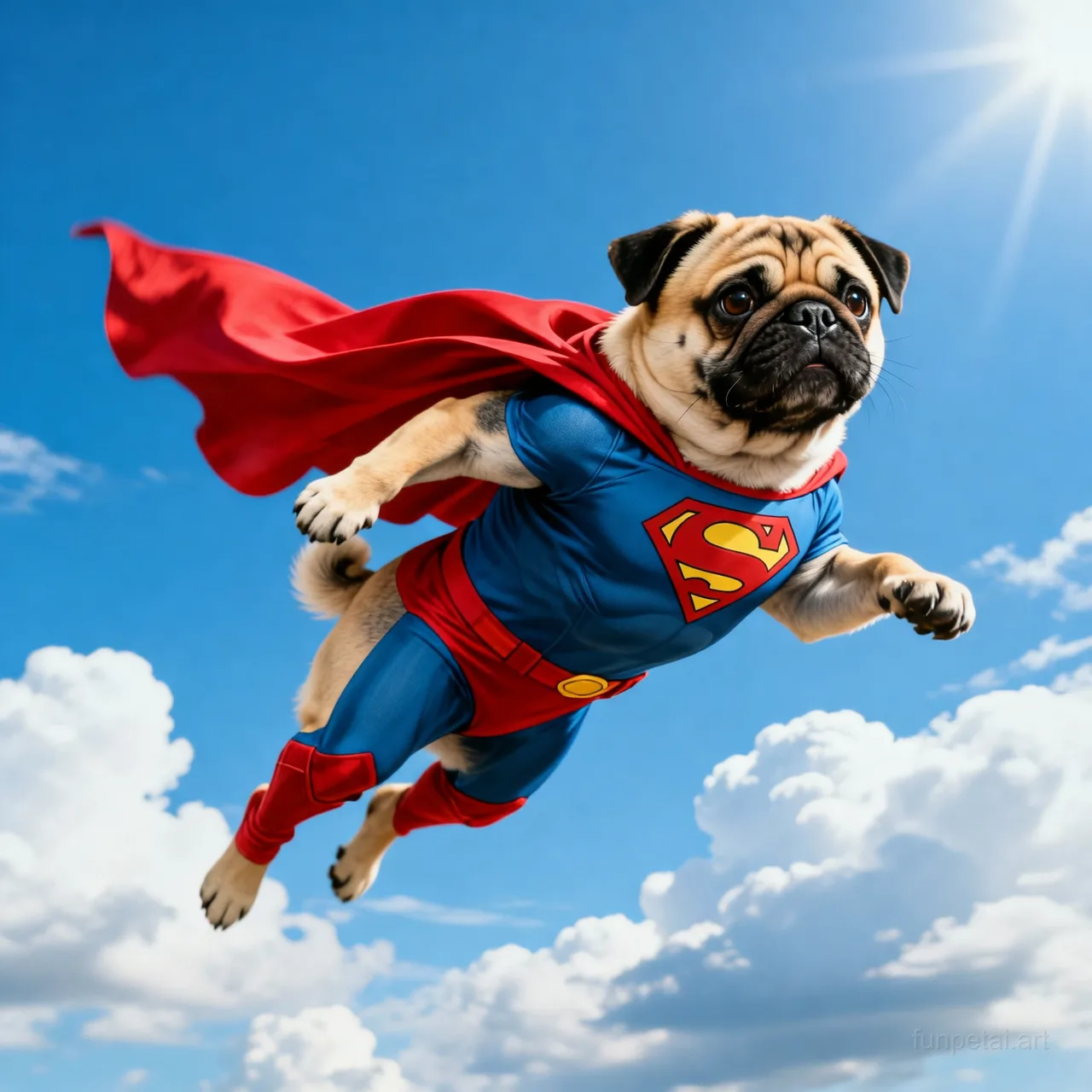 Pug as a superhero with a cape and heroic sky, cinematic AI pet portrait