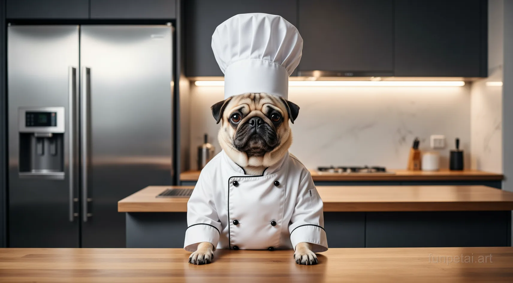 Pug wearing a chef hat in a modern kitchen, cinematic AI pet portrait