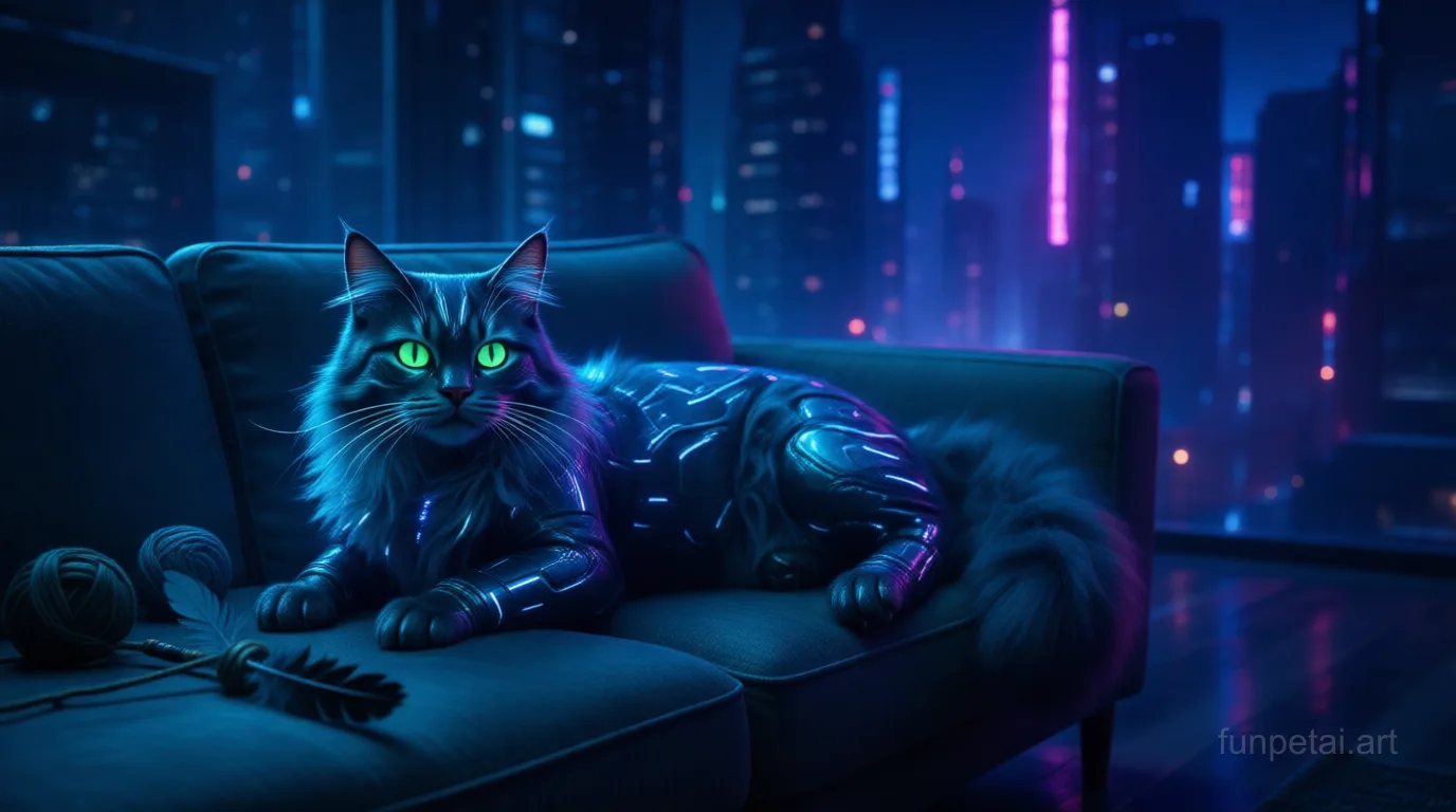 Ragdoll in neon cyberpunk city lights with metallic accents, cinematic AI pet portrait
