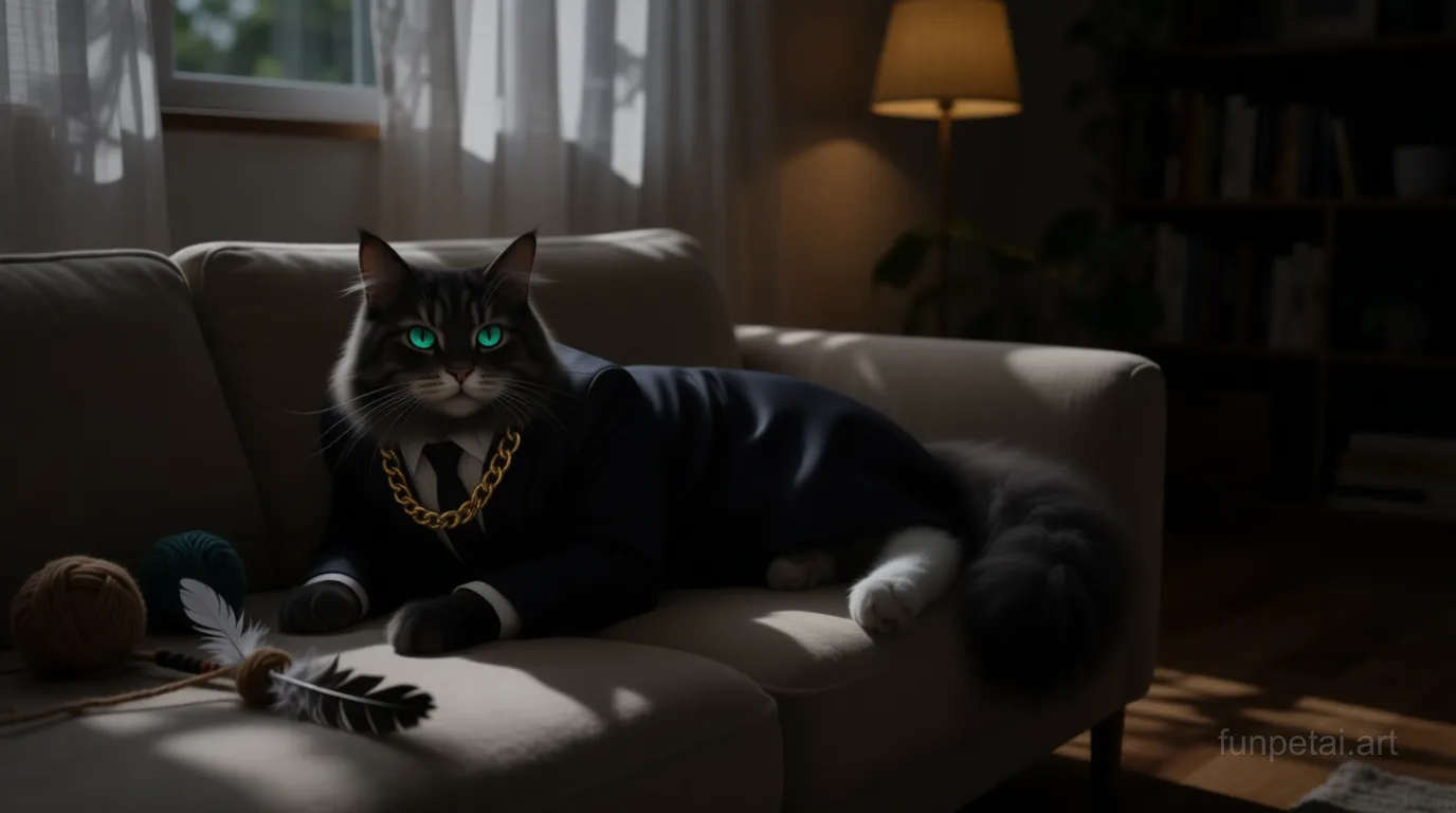 Ragdoll in a dark suit with gold chain, cinematic noir lighting, cinematic AI pet portrait