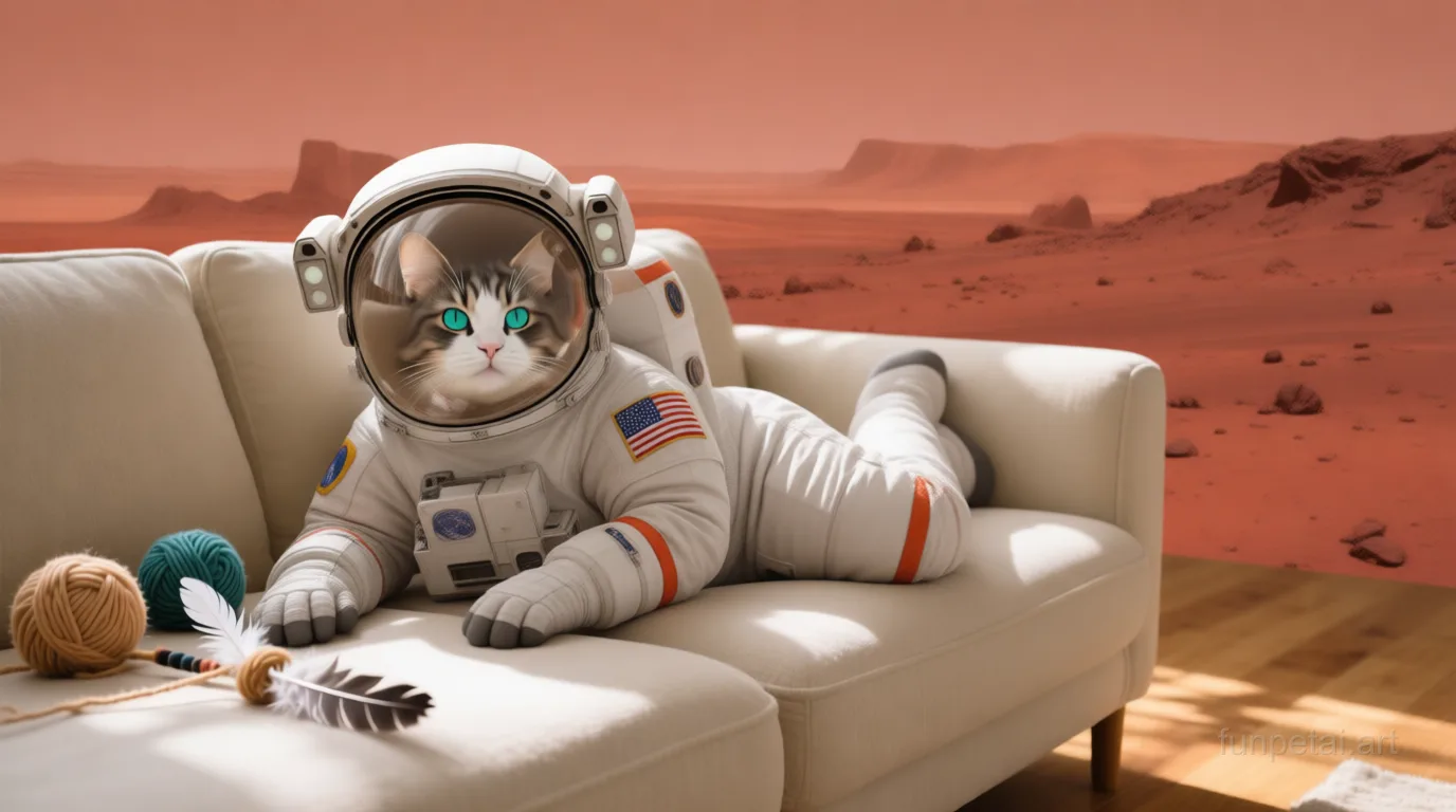 Ragdoll wearing a space suit on Mars, red planet glow, cinematic AI pet portrait