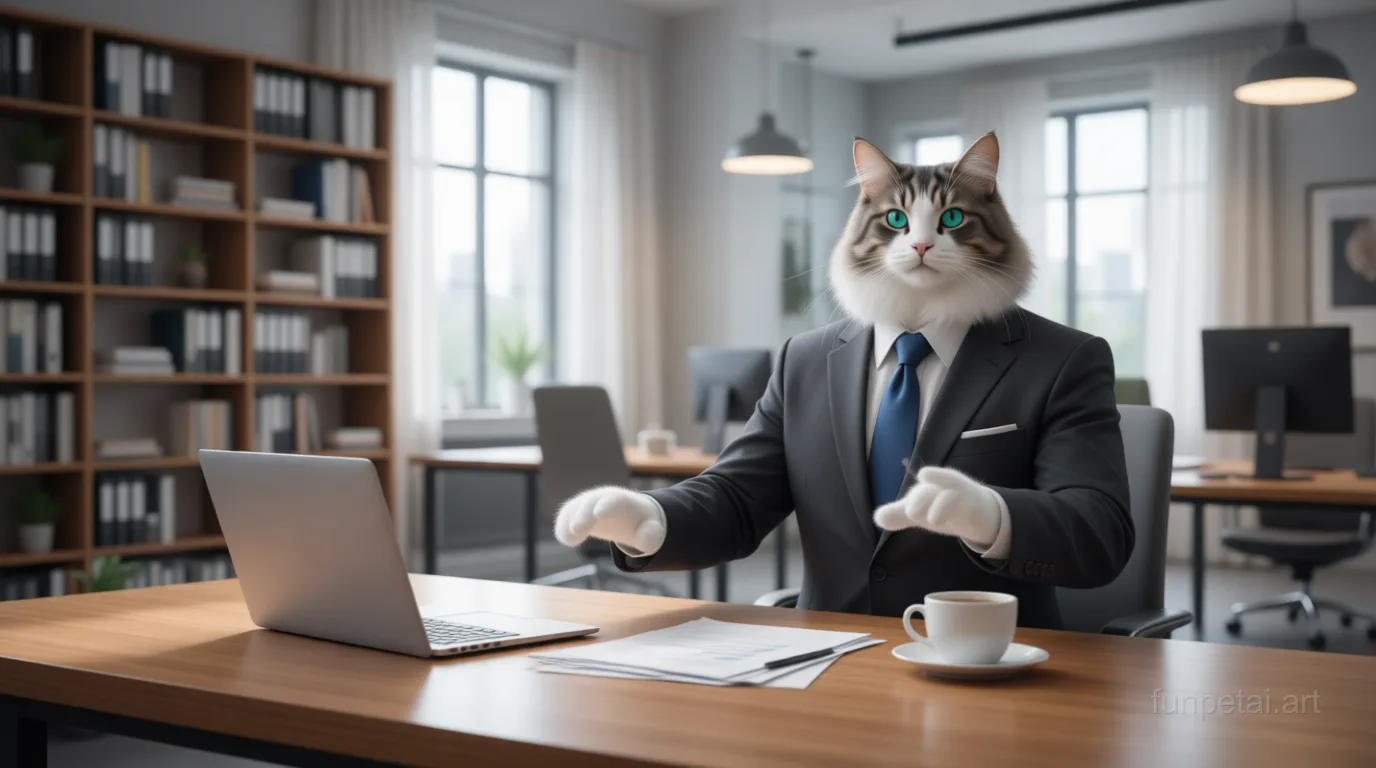 Ragdoll in a tailored suit at a modern office desk, cinematic AI pet portrait