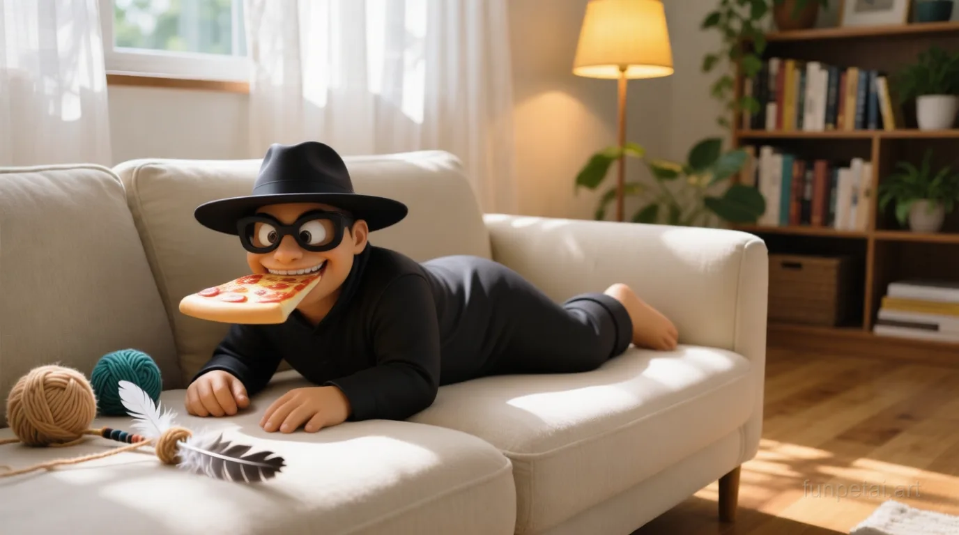 Ragdoll stealing a pizza slice with a playful expression, cinematic AI pet portrait