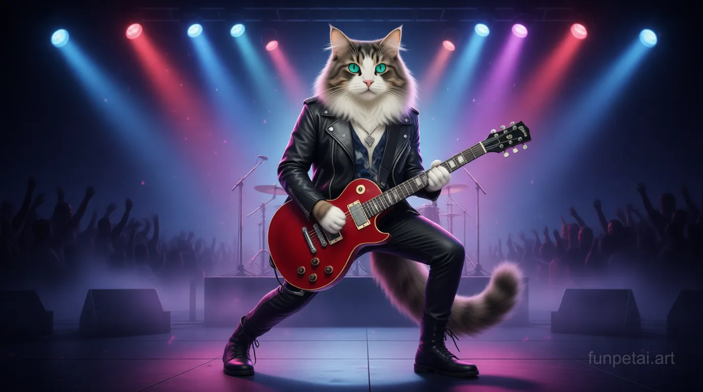 Ragdoll on stage with an electric guitar and concert lights, cinematic AI pet portrait