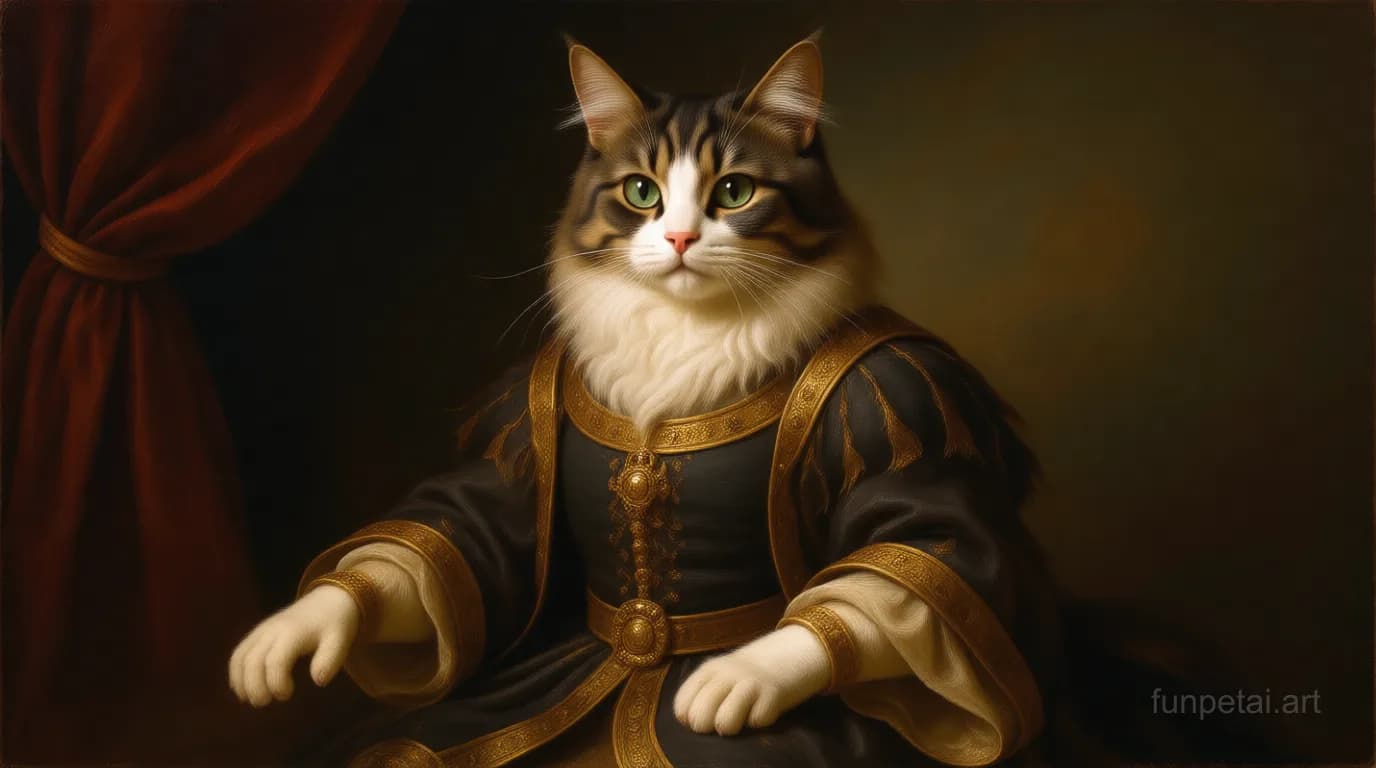 Ragdoll in a royal portrait with ornate outfit, classic oil texture, cinematic AI pet portrait
