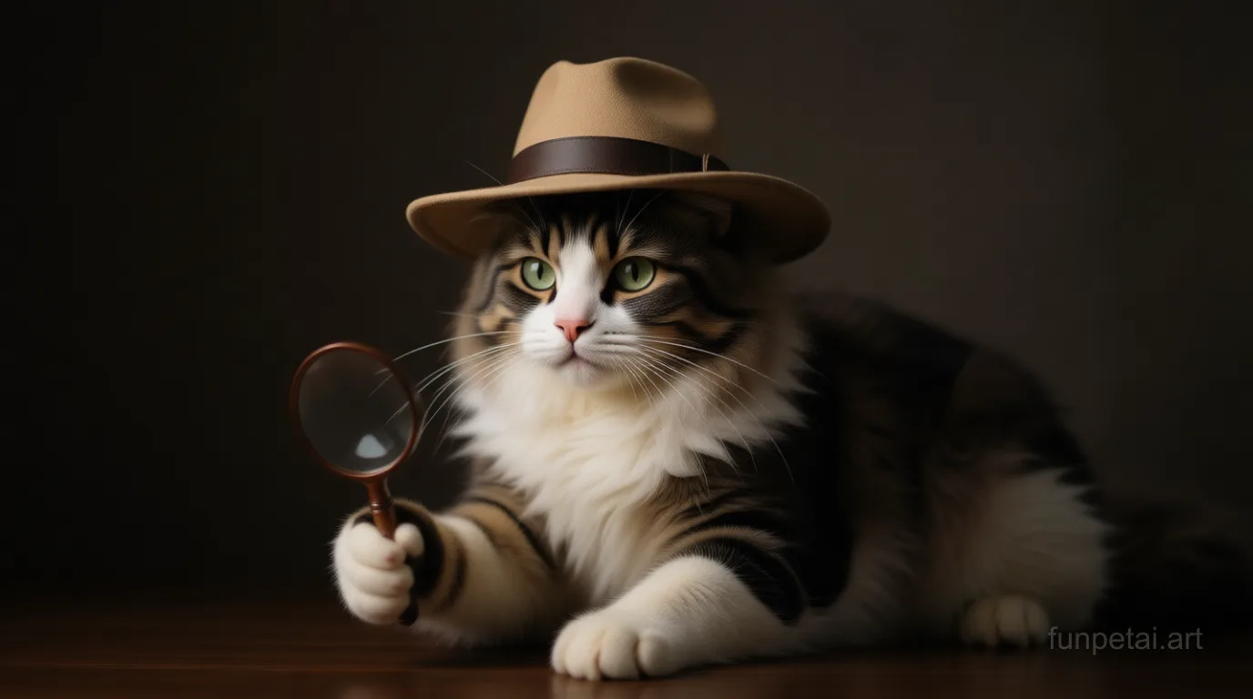 Ragdoll as a detective with a deerstalker hat and magnifier, cinematic AI pet portrait