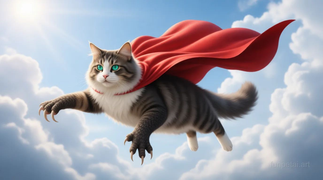 Ragdoll as a superhero with a cape and heroic sky, cinematic AI pet portrait