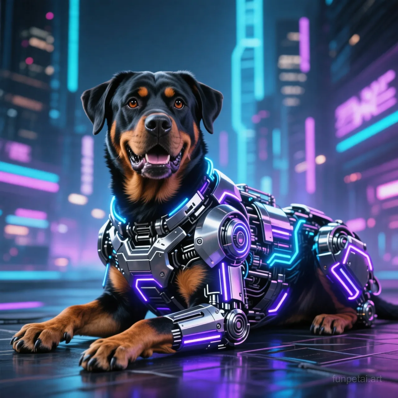 Rottweiler in neon cyberpunk city lights with metallic accents, cinematic AI pet portrait