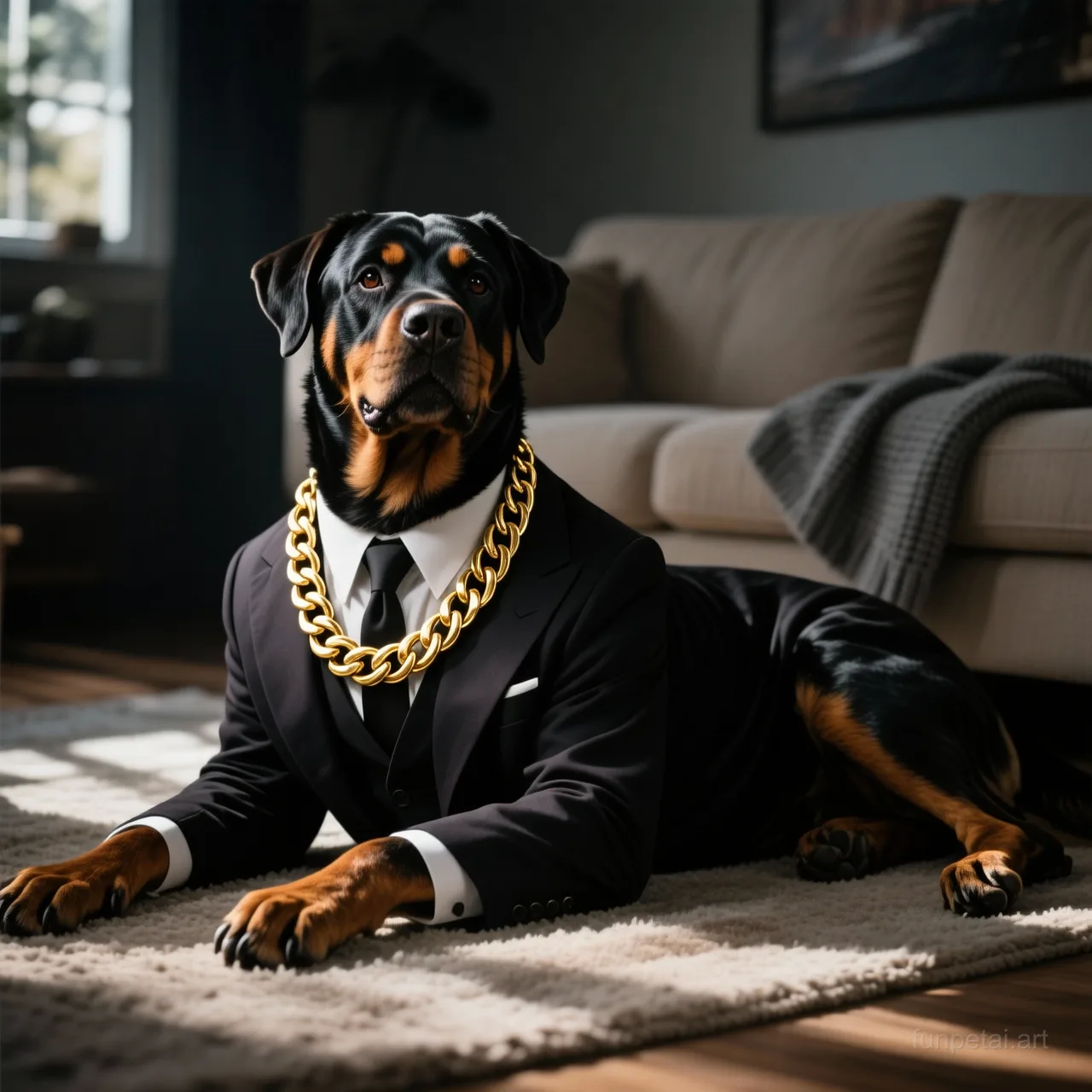 Rottweiler in a dark suit with gold chain, cinematic noir lighting, cinematic AI pet portrait