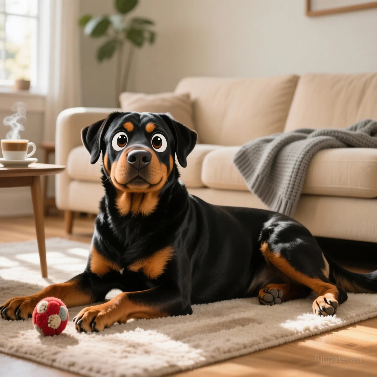 Rottweiler with a tiny-face studio portrait look, cinematic AI pet portrait
