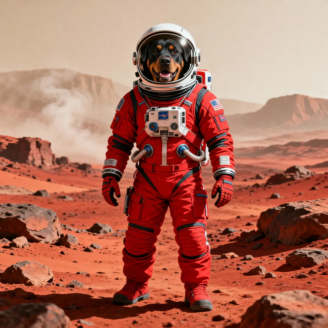 Rottweiler wearing a space suit on Mars, red planet glow, cinematic AI pet portrait