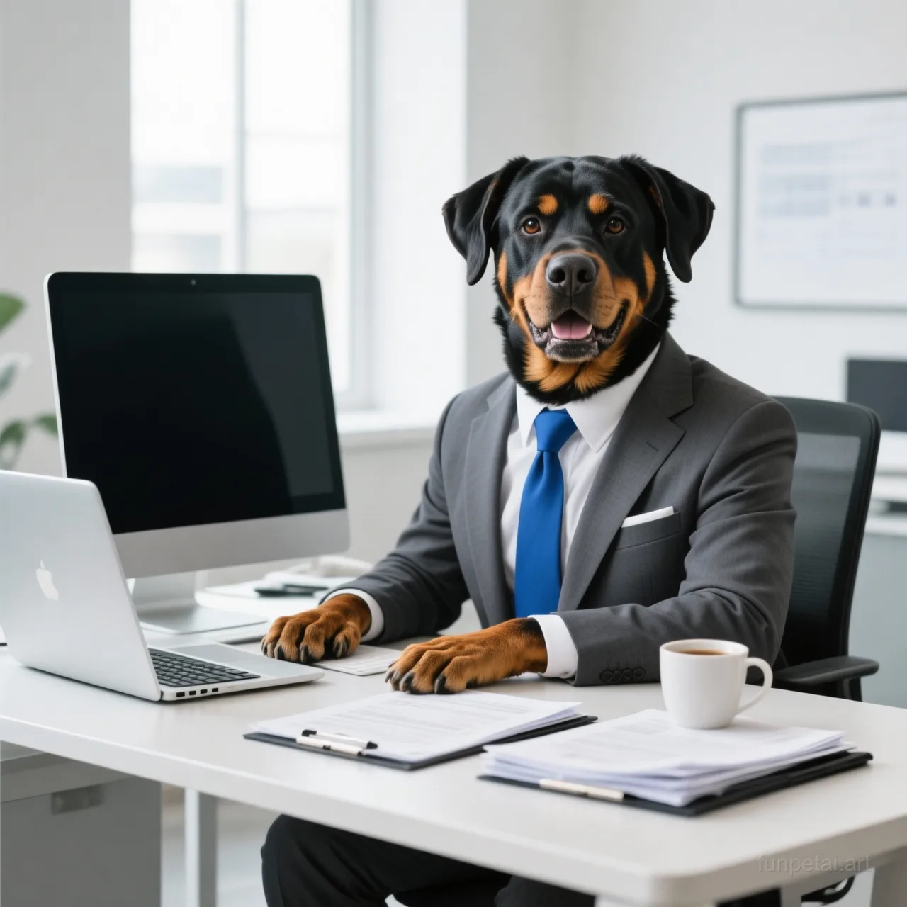 Rottweiler in a tailored suit at a modern office desk, cinematic AI pet portrait