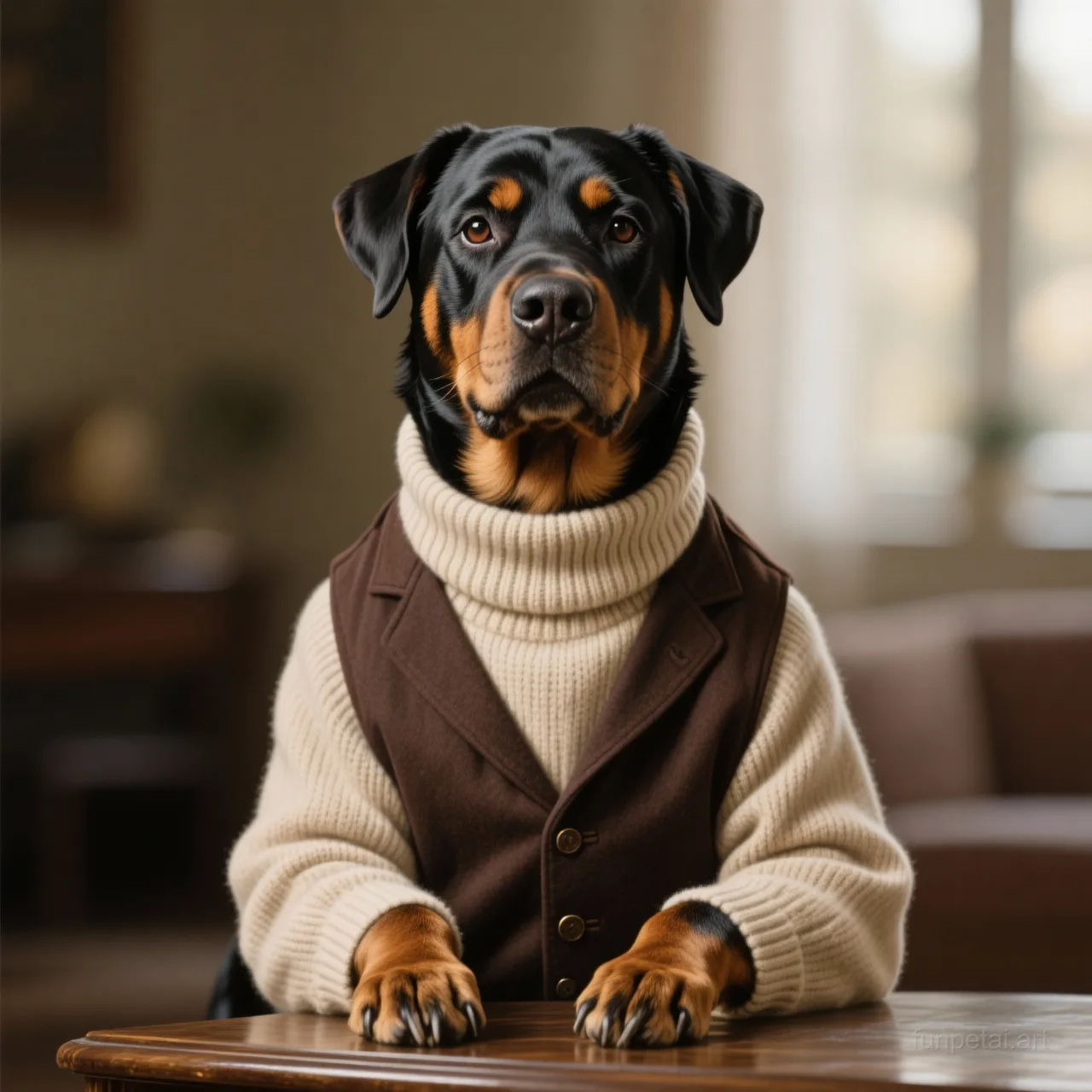 Rottweiler in an old money portrait with cashmere texture, cinematic AI pet portrait