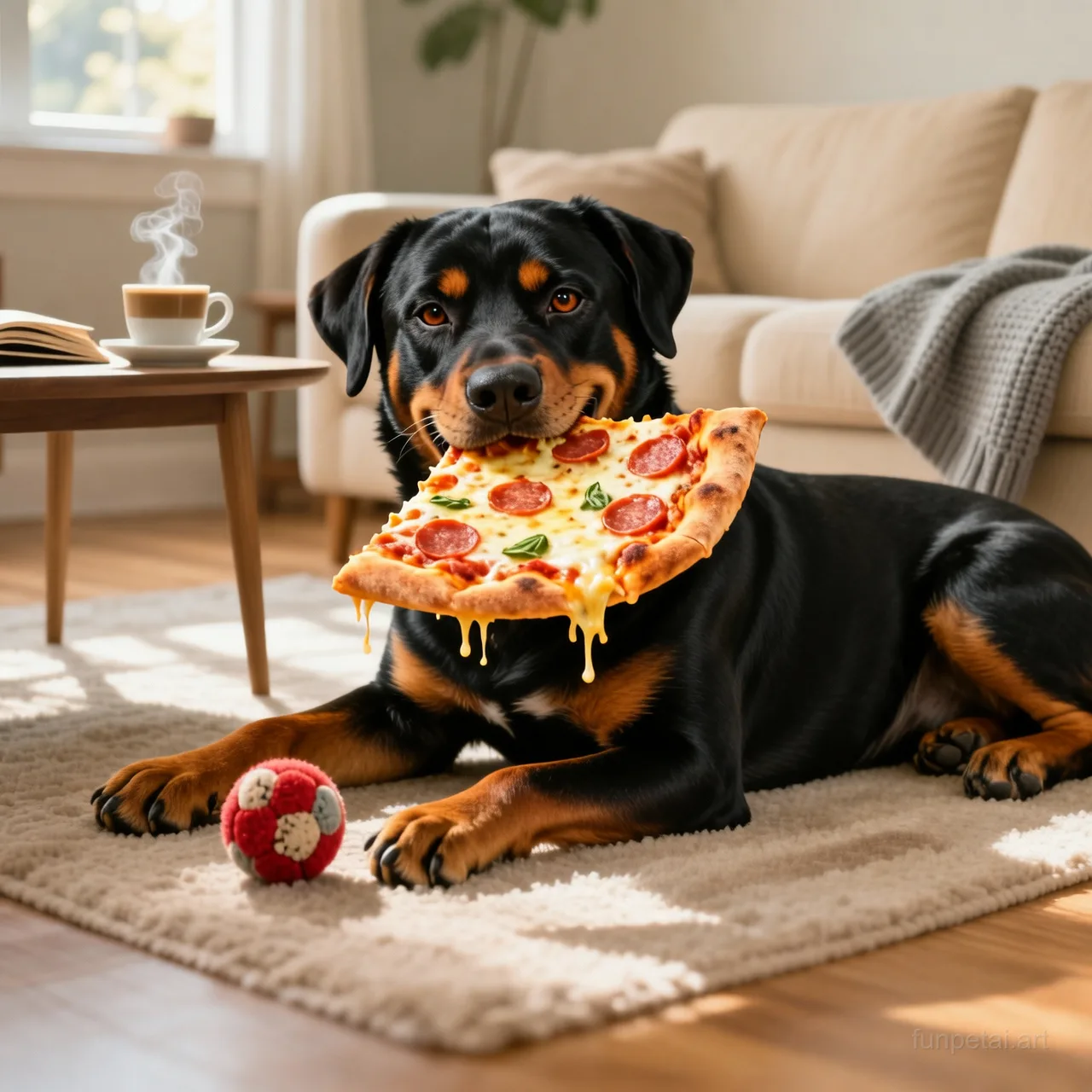 Rottweiler stealing a pizza slice with a playful expression, cinematic AI pet portrait