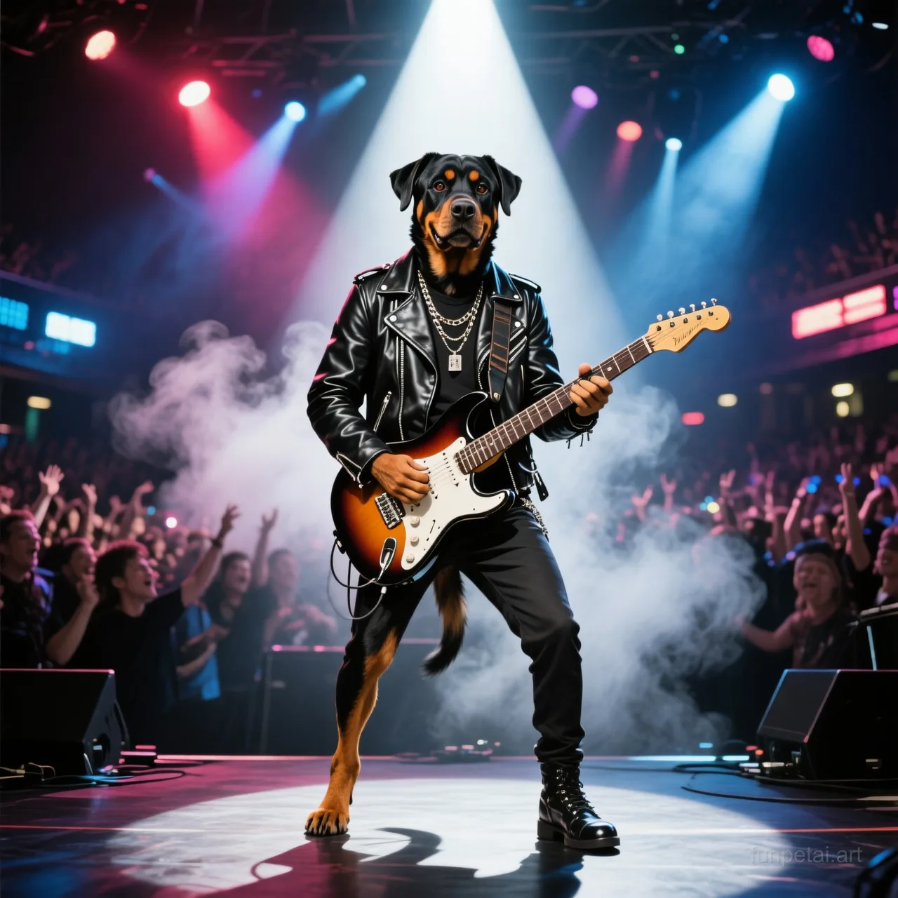 Rottweiler on stage with an electric guitar and concert lights, cinematic AI pet portrait