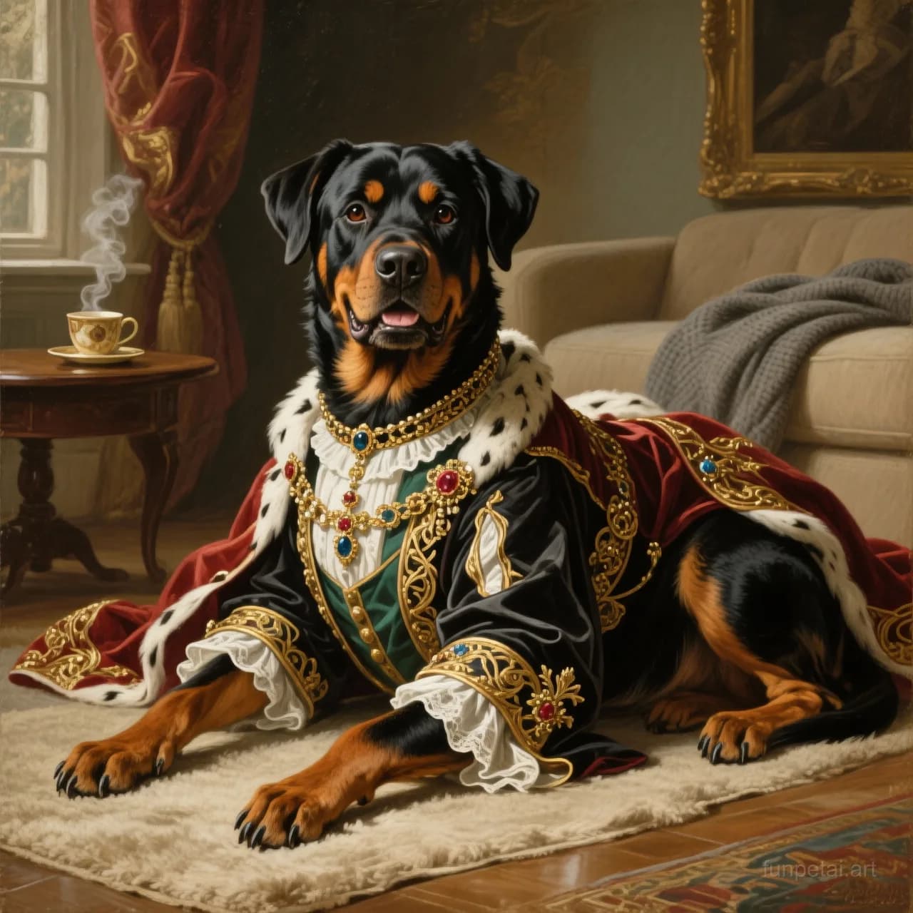 Rottweiler in a royal portrait with ornate outfit, classic oil texture, cinematic AI pet portrait