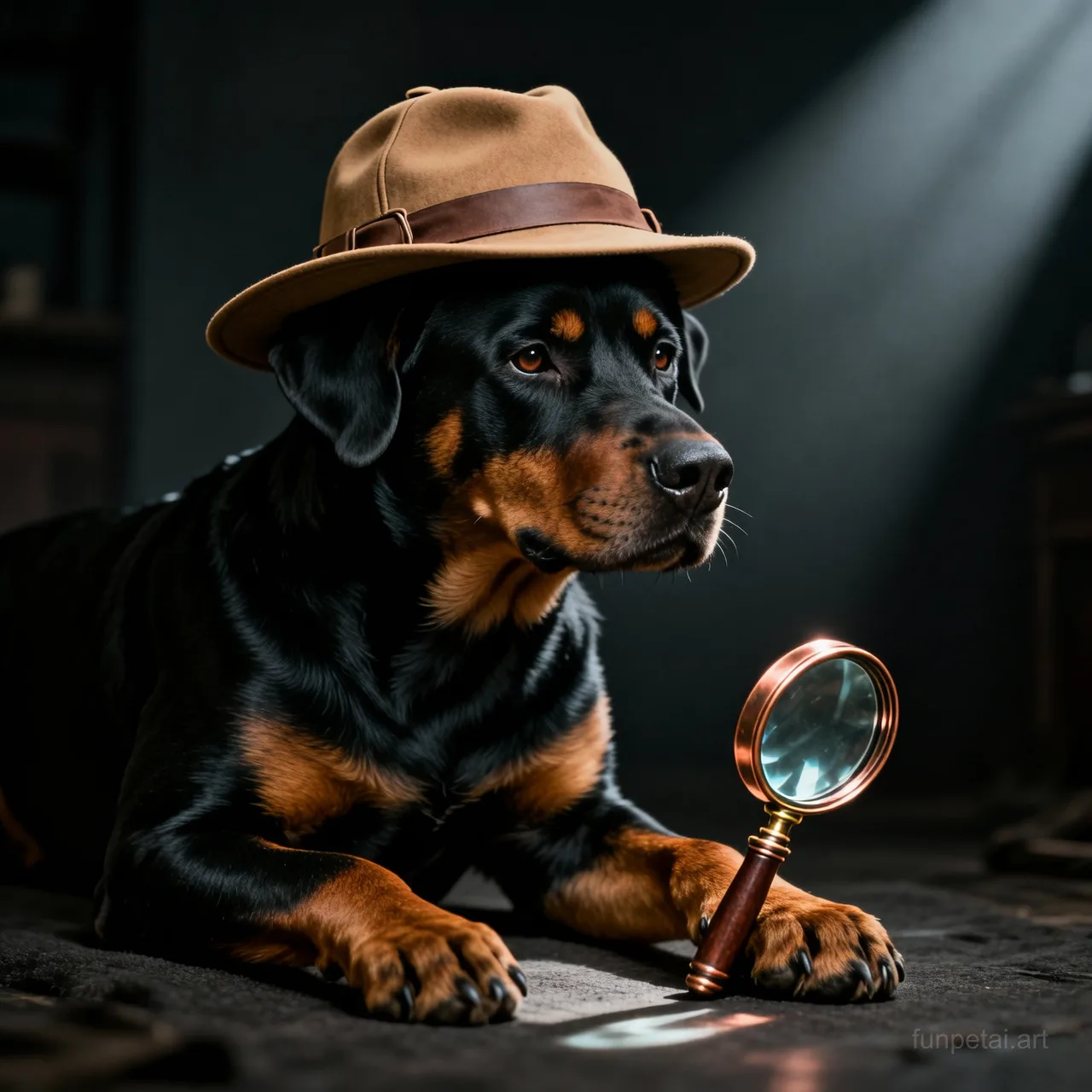 Rottweiler as a detective with a deerstalker hat and magnifier, cinematic AI pet portrait