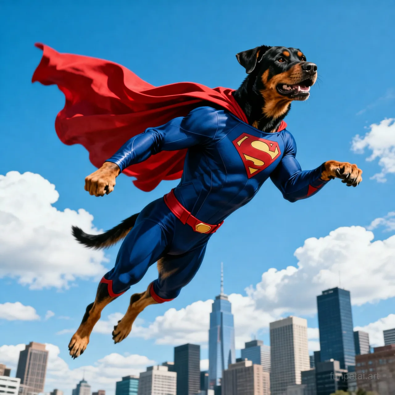 Rottweiler as a superhero with a cape and heroic sky, cinematic AI pet portrait
