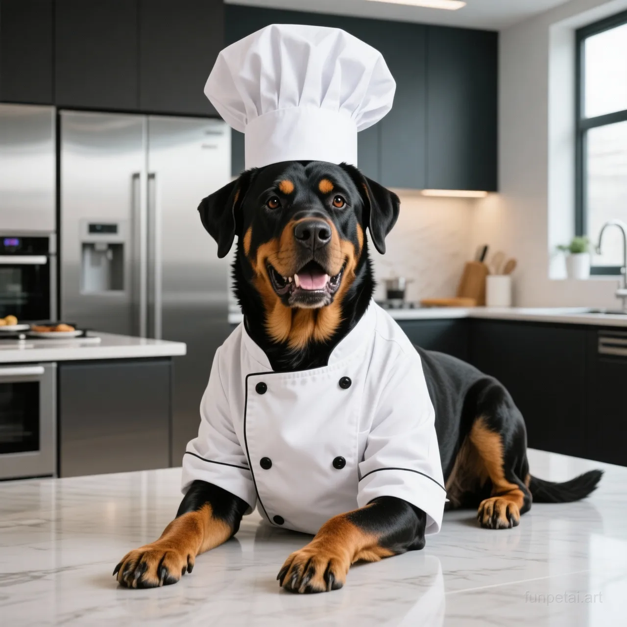 Rottweiler wearing a chef hat in a modern kitchen, cinematic AI pet portrait