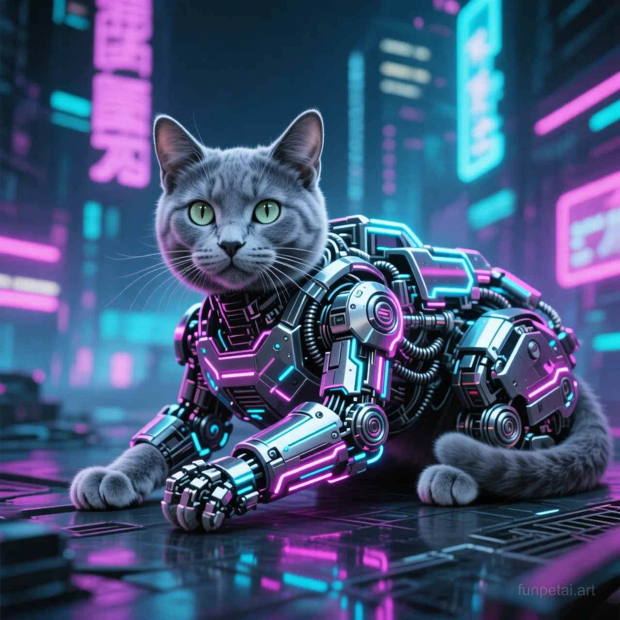 Russian Blue in neon cyberpunk city lights with metallic accents, cinematic AI pet portrait
