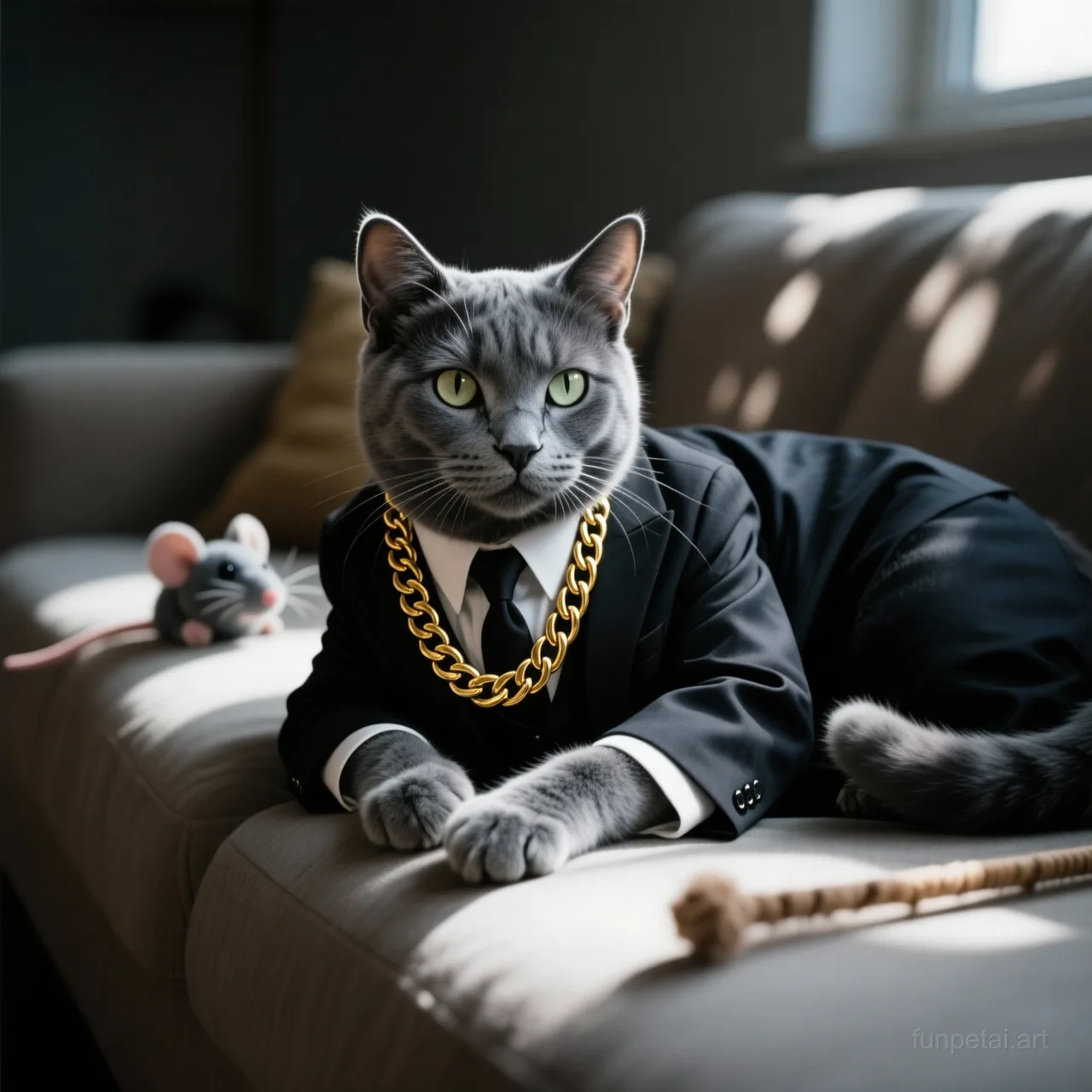 Russian Blue in a dark suit with gold chain, cinematic noir lighting, cinematic AI pet portrait