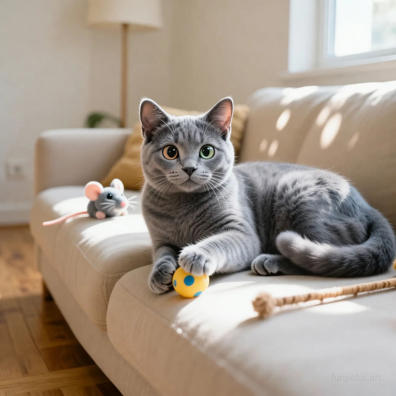 Russian Blue with a tiny-face studio portrait look, cinematic AI pet portrait