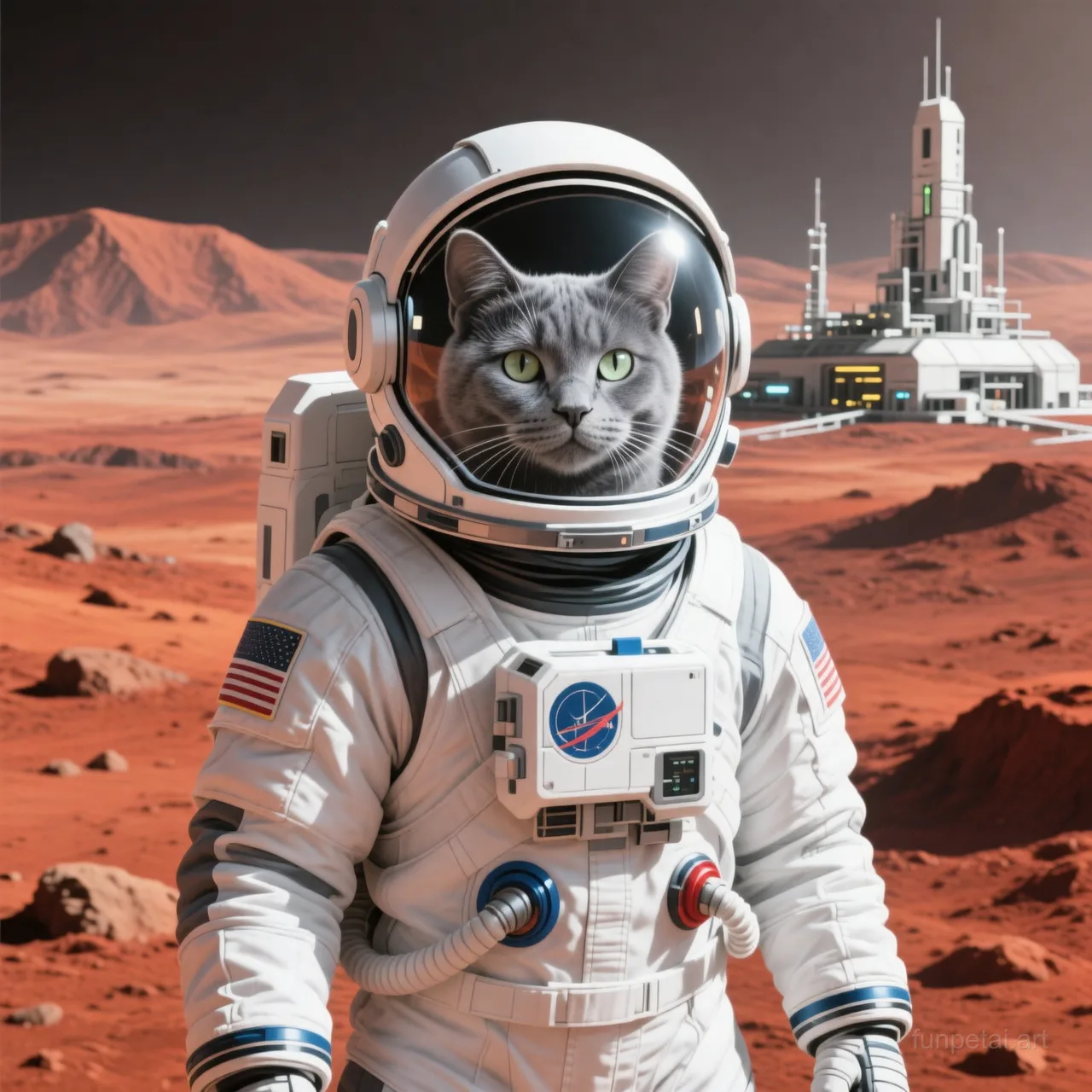 Russian Blue wearing a space suit on Mars, red planet glow, cinematic AI pet portrait
