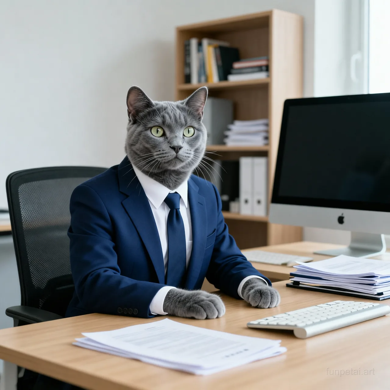 Russian Blue in a tailored suit at a modern office desk, cinematic AI pet portrait