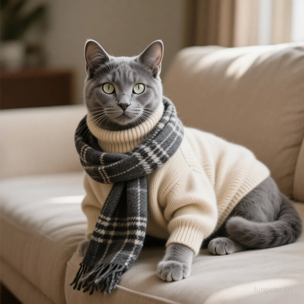 Russian Blue in an old money portrait with cashmere texture, cinematic AI pet portrait