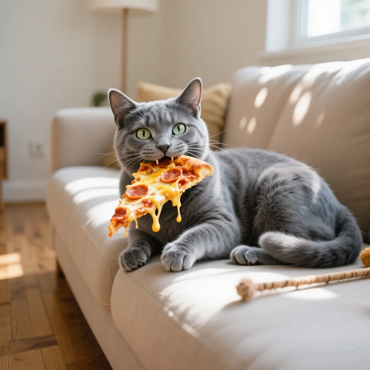 Russian Blue stealing a pizza slice with a playful expression, cinematic AI pet portrait