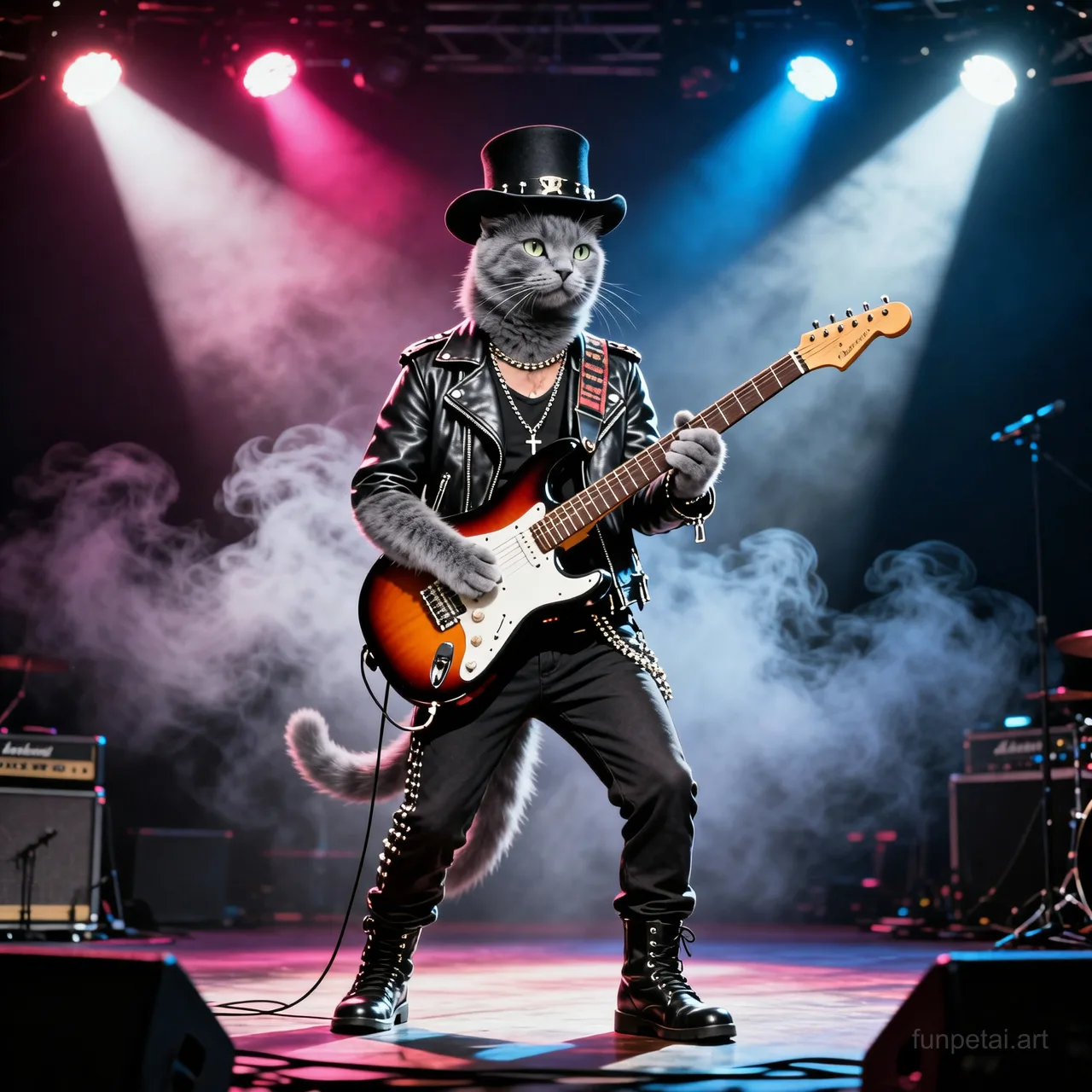 Russian Blue on stage with an electric guitar and concert lights, cinematic AI pet portrait