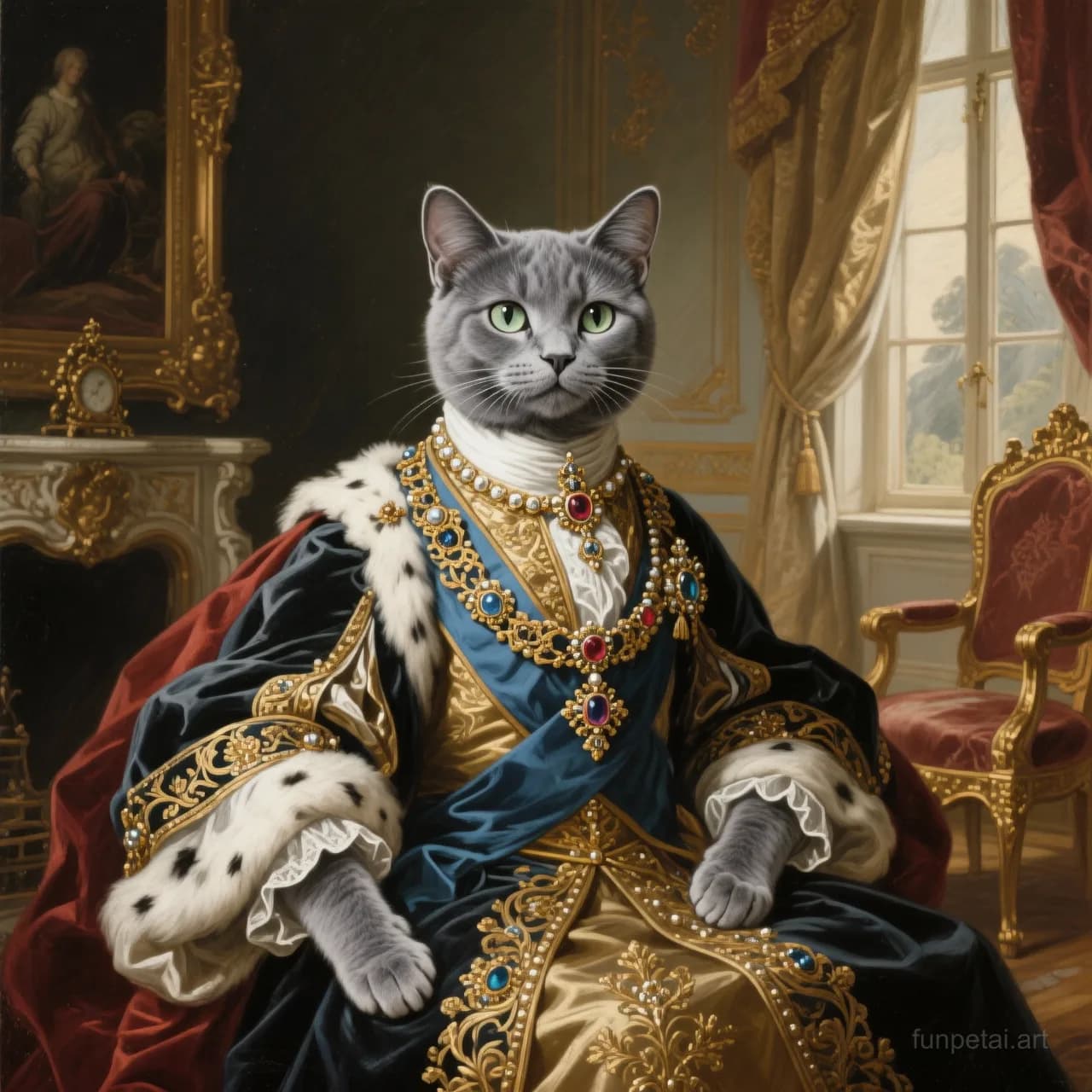 Russian Blue in a royal portrait with ornate outfit, classic oil texture, cinematic AI pet portrait