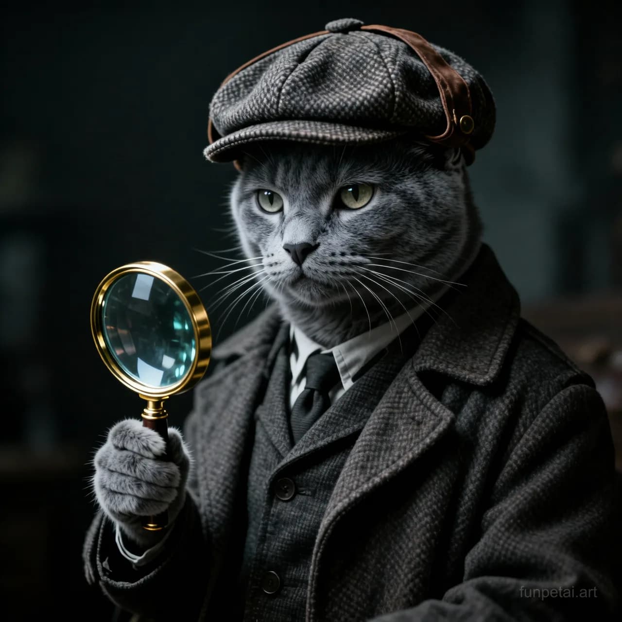 Russian Blue as a detective with a deerstalker hat and magnifier, cinematic AI pet portrait