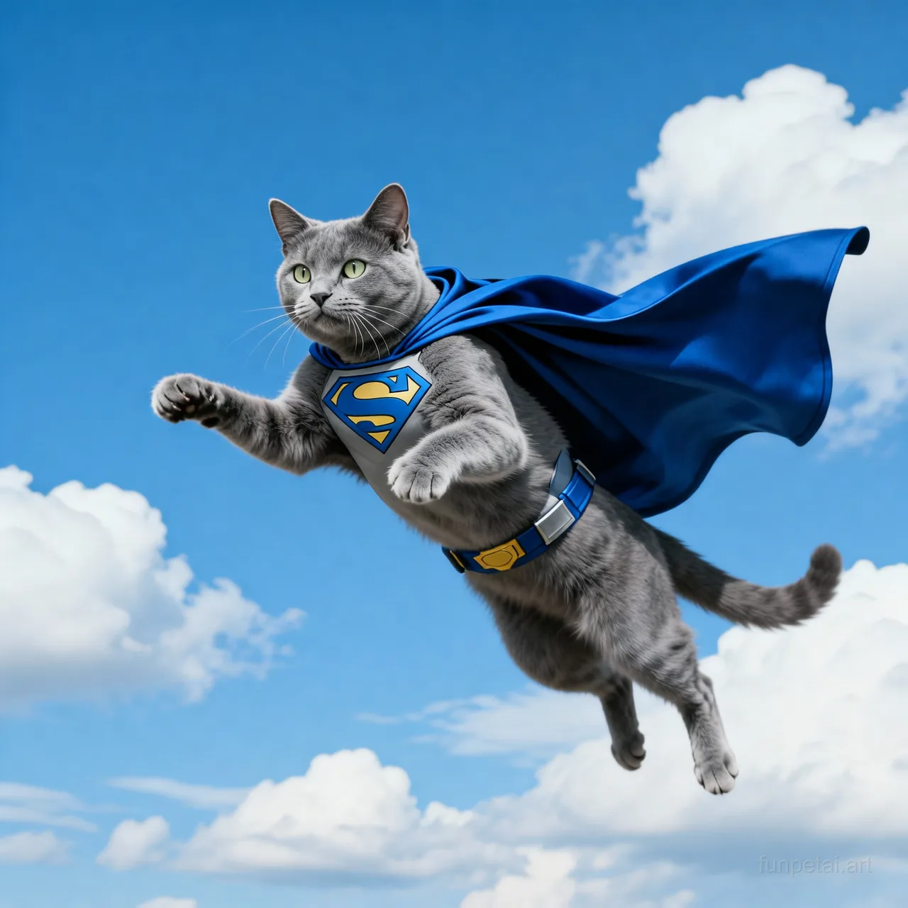 Russian Blue as a superhero with a cape and heroic sky, cinematic AI pet portrait