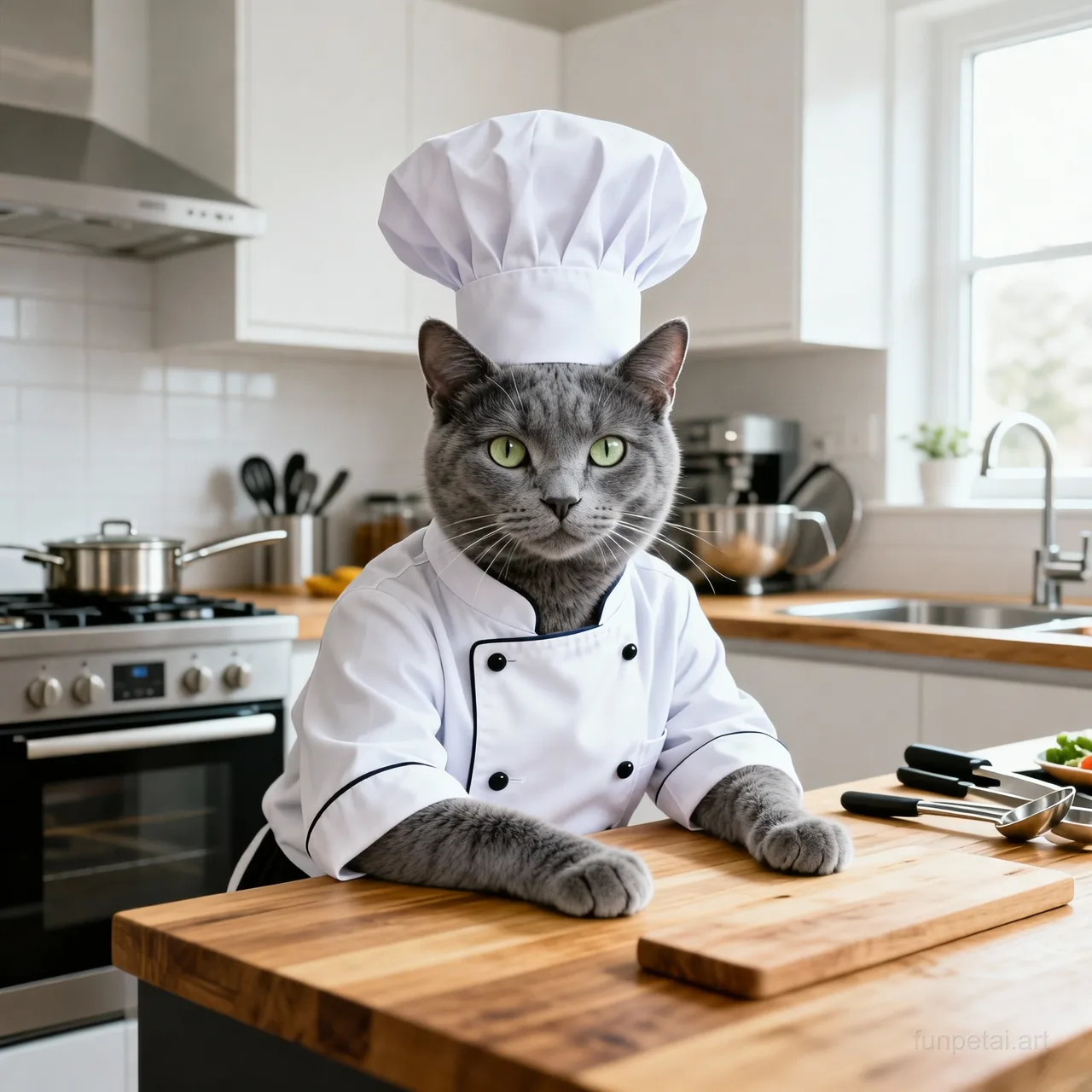 Russian Blue wearing a chef hat in a modern kitchen, cinematic AI pet portrait