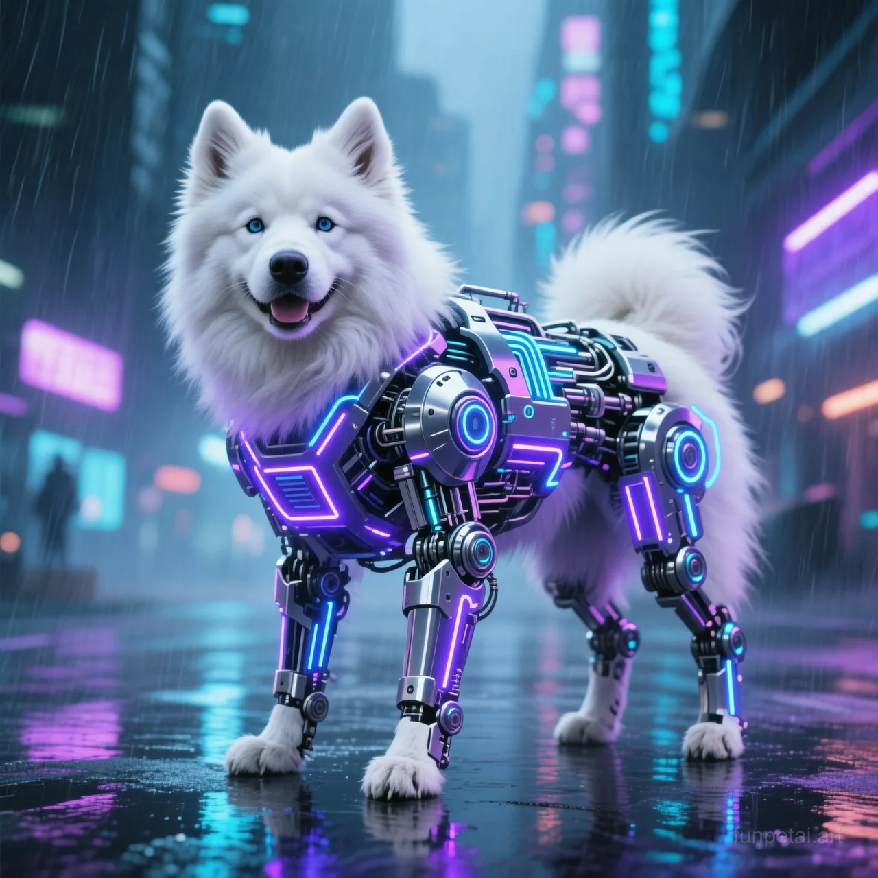 Samoyed in neon cyberpunk city lights with metallic accents, cinematic AI pet portrait