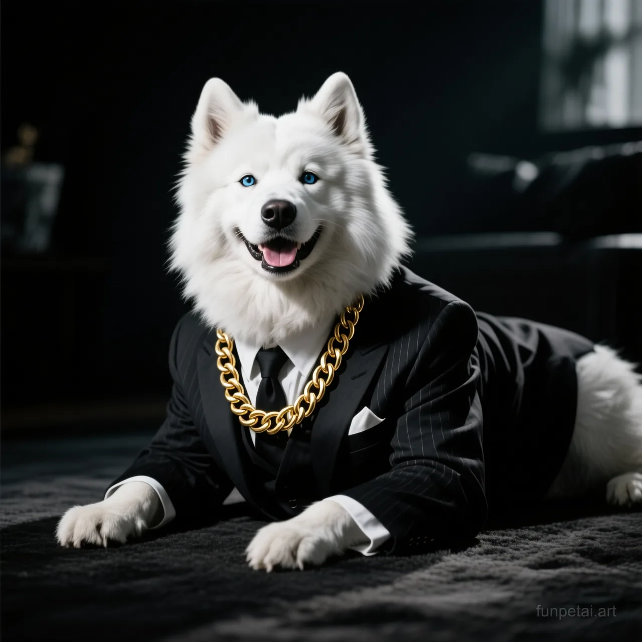 Samoyed in a dark suit with gold chain, cinematic noir lighting, cinematic AI pet portrait