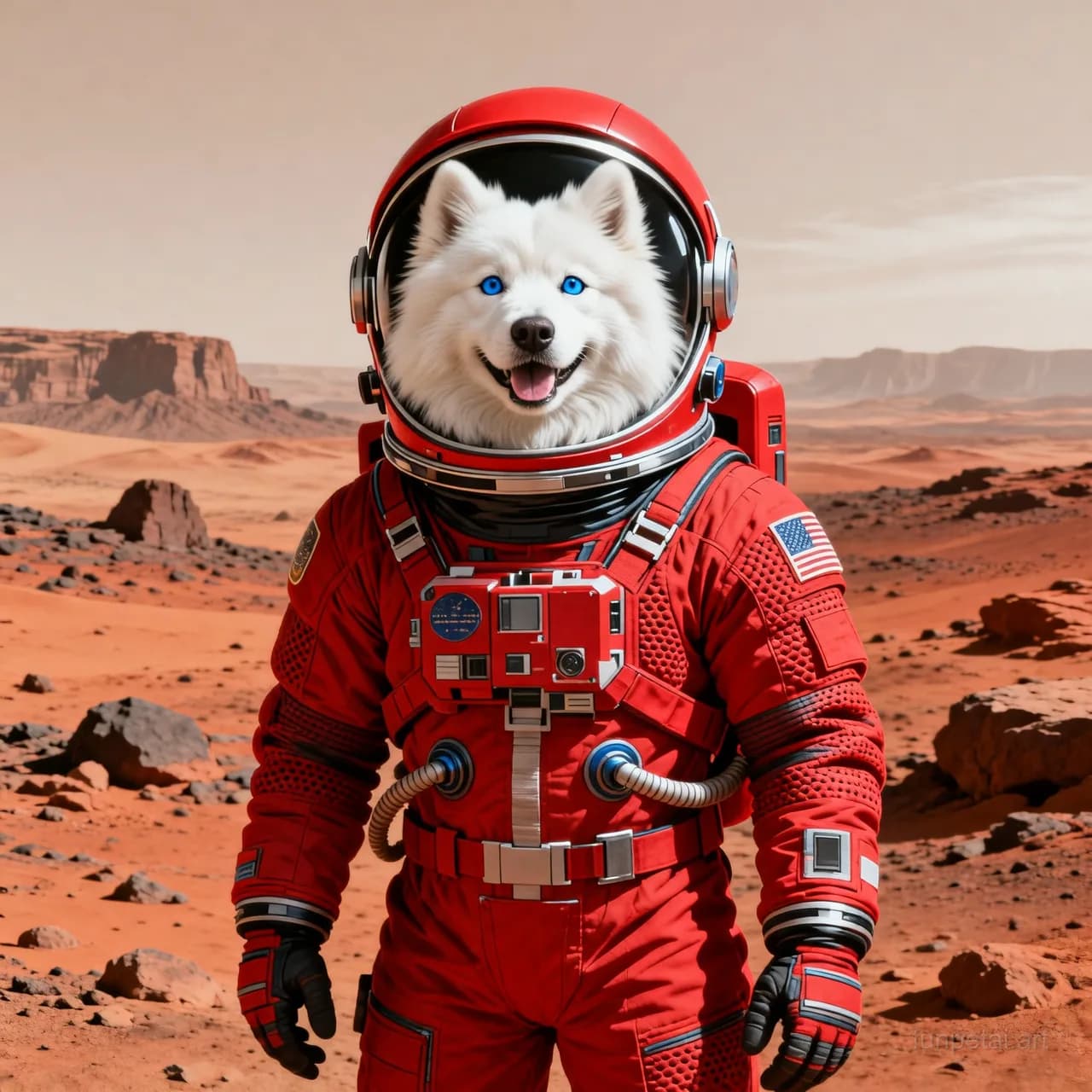 Samoyed wearing a space suit on Mars, red planet glow, cinematic AI pet portrait