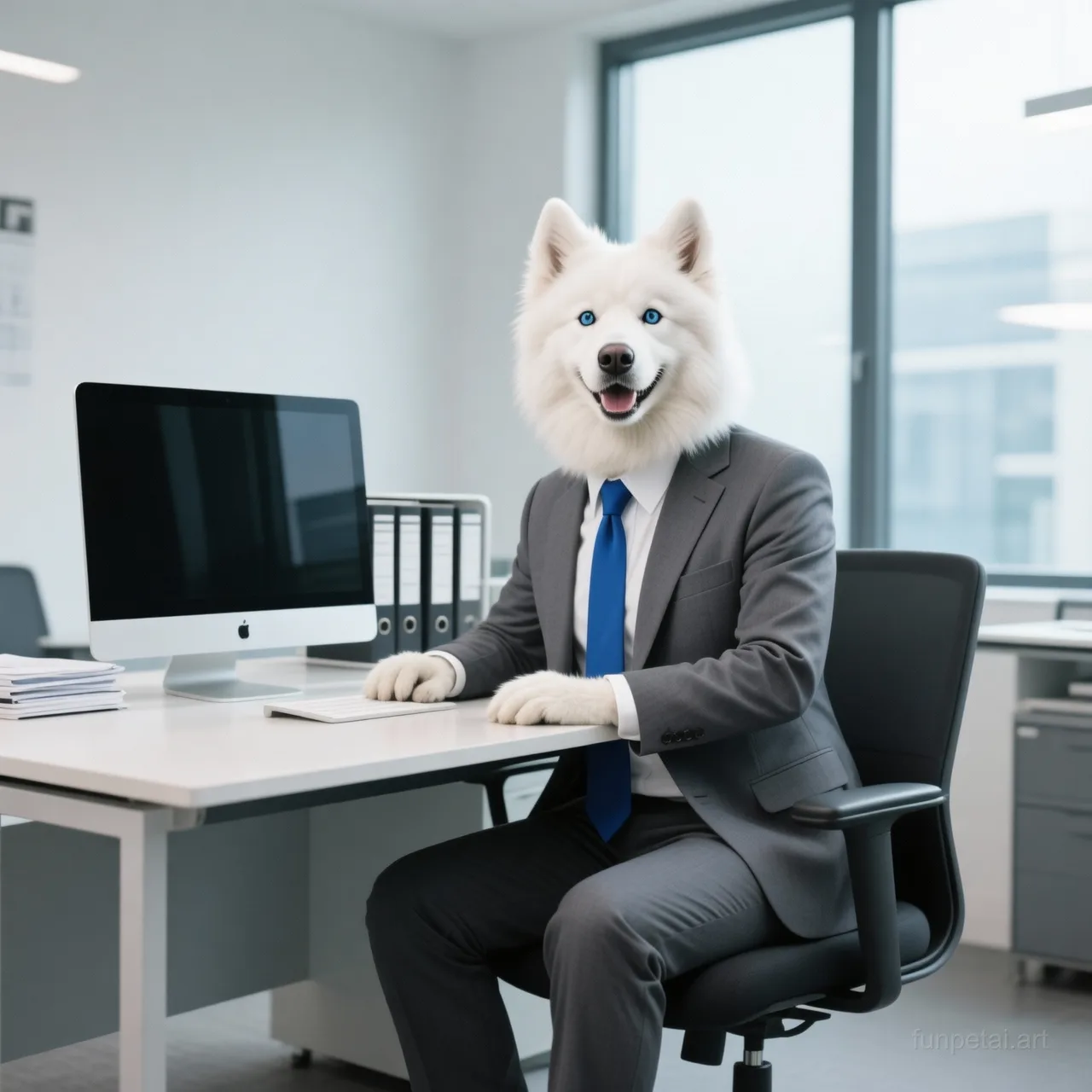 Samoyed in a tailored suit at a modern office desk, cinematic AI pet portrait