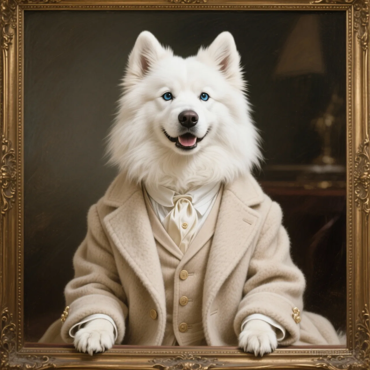 Samoyed in an old money portrait with cashmere texture, cinematic AI pet portrait