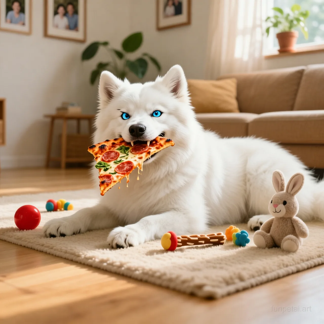 Samoyed stealing a pizza slice with a playful expression, cinematic AI pet portrait
